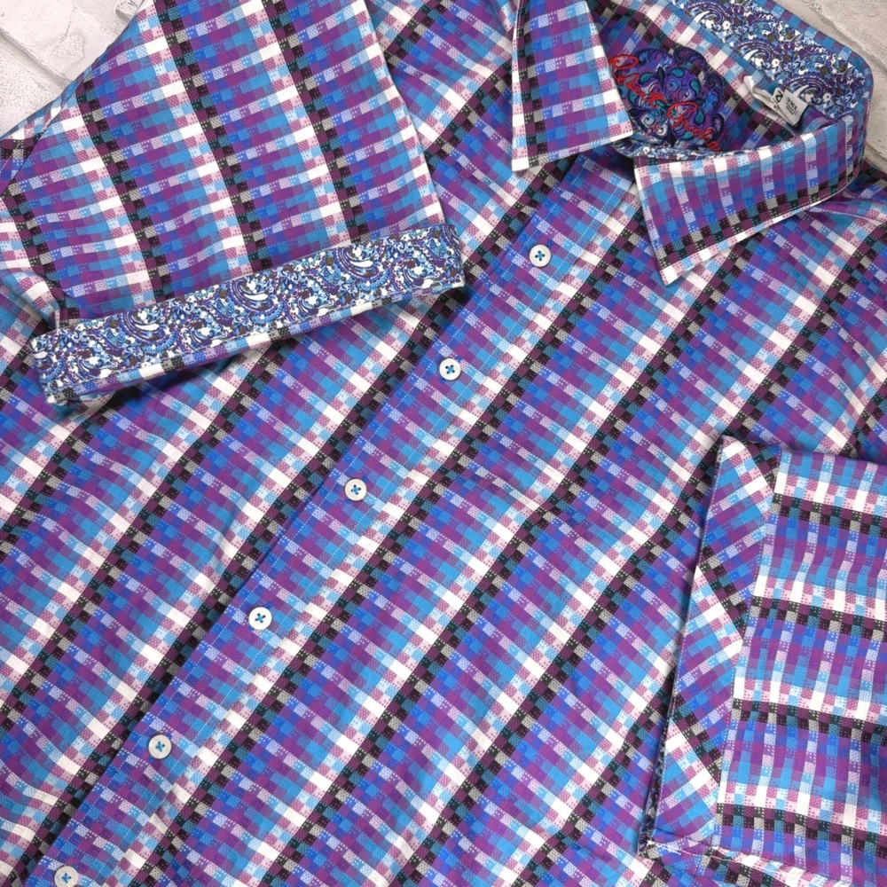 Robert Graham Button Down Shirt Mens 2XL Purple Blue Plaid Short Sleeve EUC